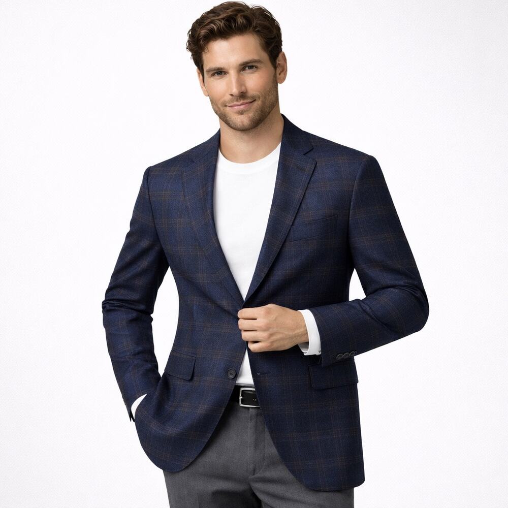 Michael Kors 100% Wool Navy Blue Plaid Sport Coat Blazer Jacket Men’s 42L